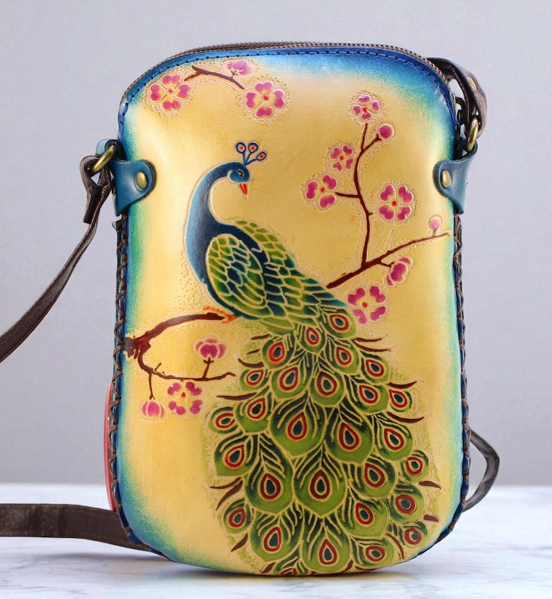 Genuine Handmade Leather Peacock Purse , Crossbody, Phone Bag, Shoulder Bag, Mini Bag, Animal-themed Bag, Cartoon Bag