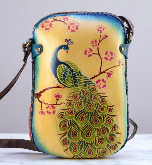 Genuine Handmade Leather Peacock Purse , Crossbody, Phone Bag, Shoulder Bag, Mini Bag, Animal-themed Bag, Cartoon Bag