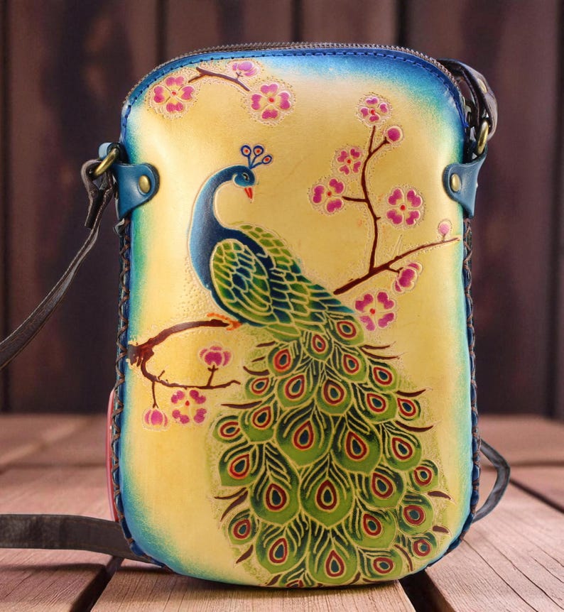 Genuine Handmade Leather Peacock Purse , Crossbody, Phone Bag, Shoulder Bag, Mini Bag, Animal-themed Bag, Cartoon Bag