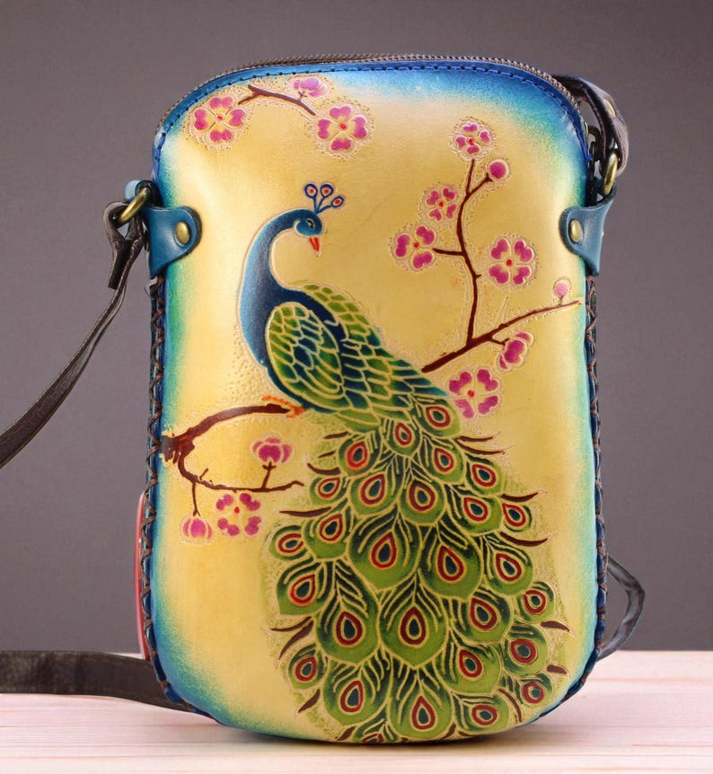 Genuine Handmade Leather Peacock Purse , Crossbody, Phone Bag, Shoulder Bag, Mini Bag, Animal-themed Bag, Cartoon Bag