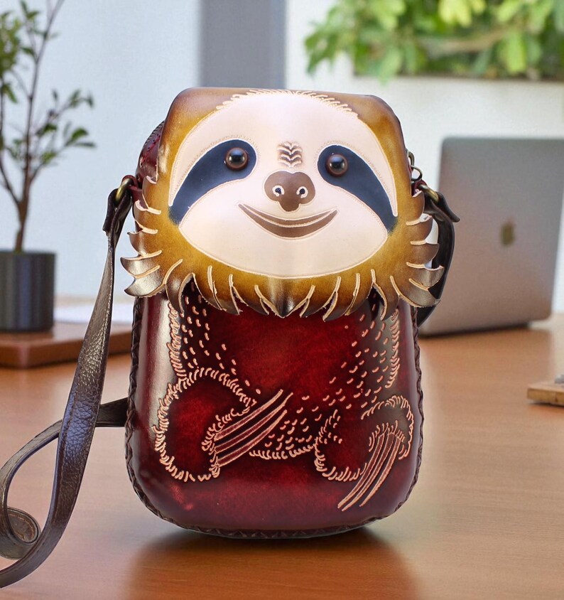 Genuine Handmade Leather Sloth Purse High-Quality Leather phone purse /Crossbody Bag with Adjustable Strap for Daily Use & Animal Lovers