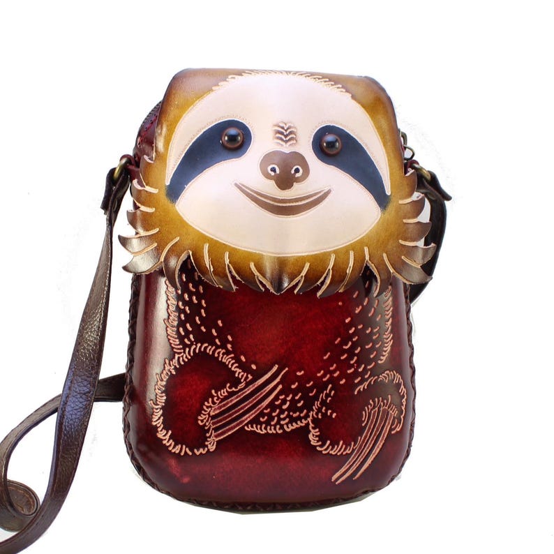 Genuine Handmade Leather Sloth Purse High-Quality Leather phone purse /Crossbody Bag with Adjustable Strap for Daily Use & Animal Lovers