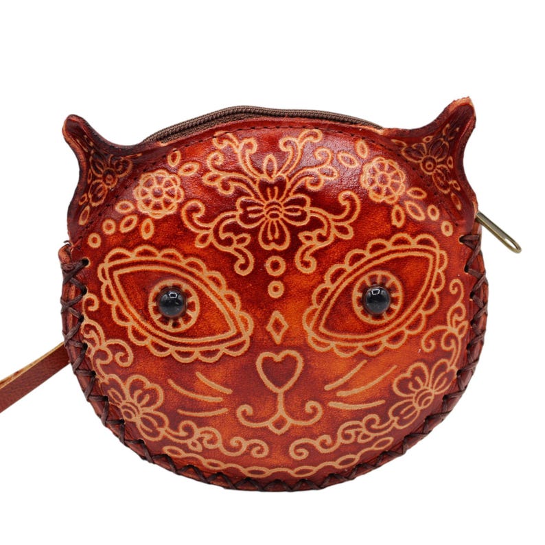 Genuine Handmade Leather Sugar Skull Cat Coin Purse , Coin Bag, Small Wallet, Cartoon Bag, Holiday Gift