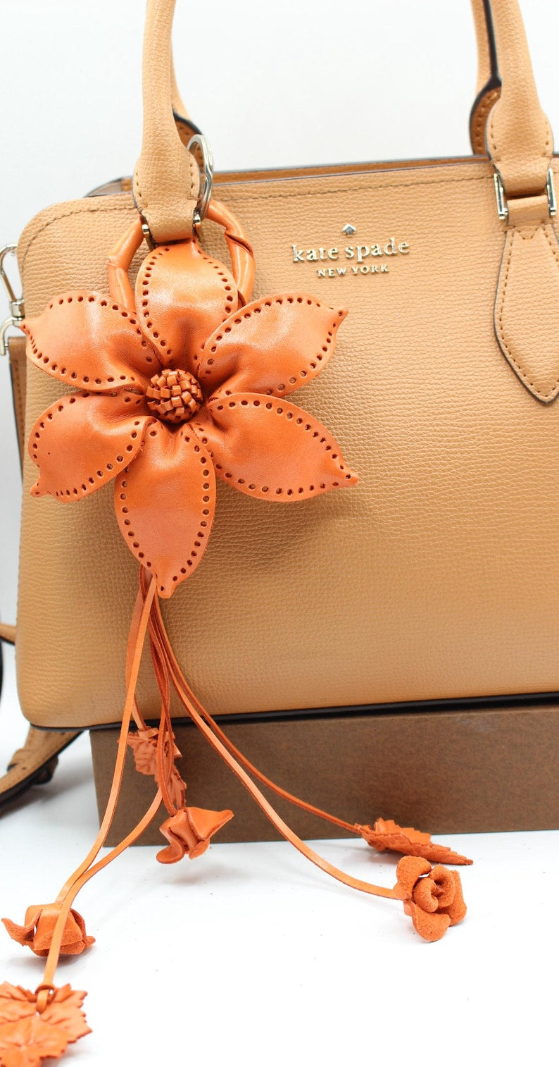 Genuine Handmade Leather Flower Keychain purse charm bag charm large