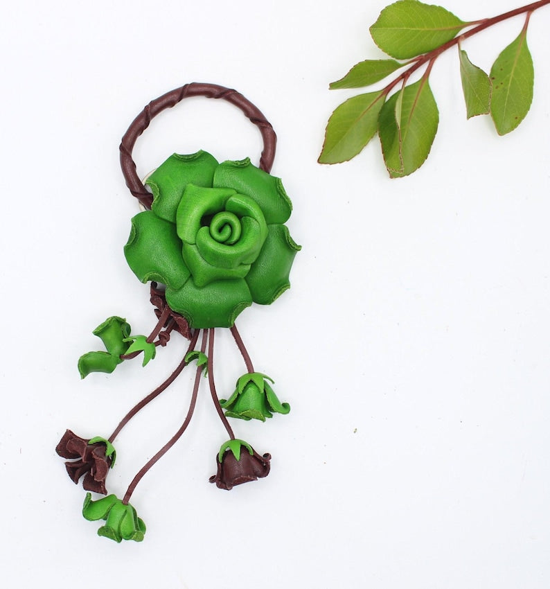 Genuine Handmade Leather Rose Flower Key Chain handbag charm green purse charm