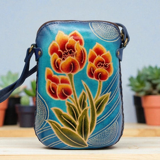 Genuine Handmade Leather Tulip Purse / Crossbody/ Phone Bag, Shoulder Bag, Mini Bag, Animal-themed Bag, Cartoon Bag