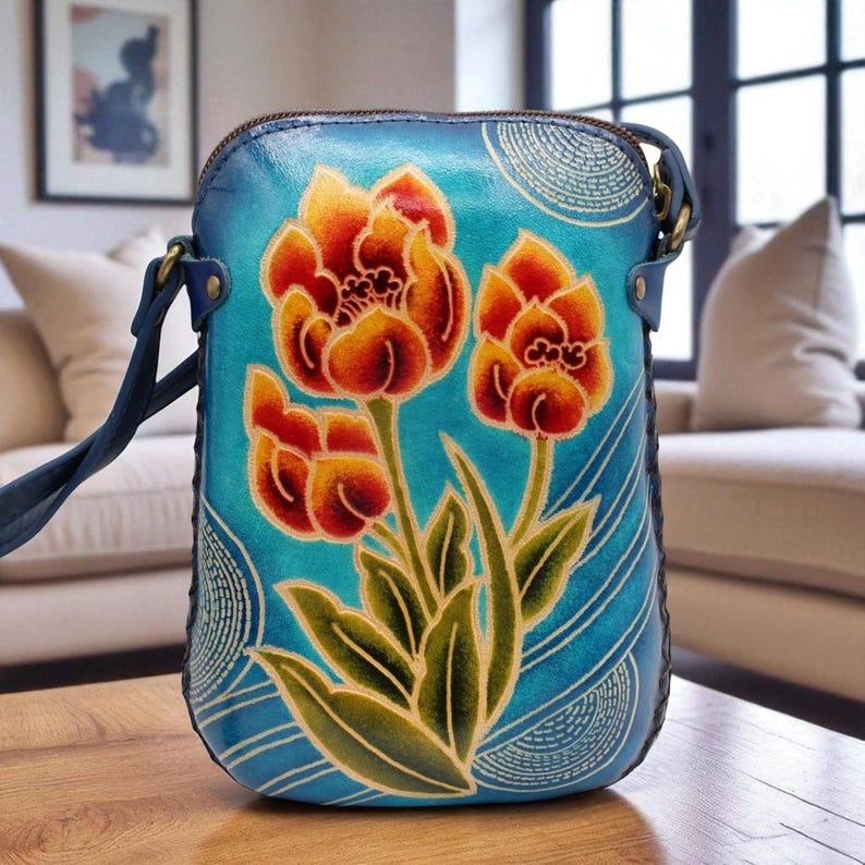 Genuine Handmade Leather Tulip Purse / Crossbody/ Phone Bag, Shoulder Bag, Mini Bag, Animal-themed Bag, Cartoon Bag