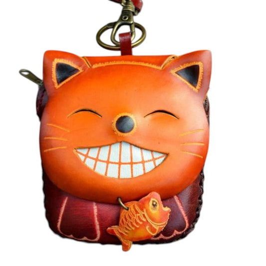 Genuine Handmade Leather Happy Cat Coin Purse / Wallet / Wristlet