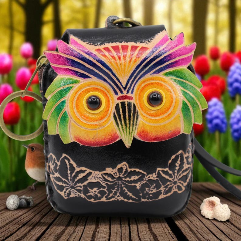 Genuine Handmade Leather Colorful Owl Coin Purse / Wristlet / Wallet