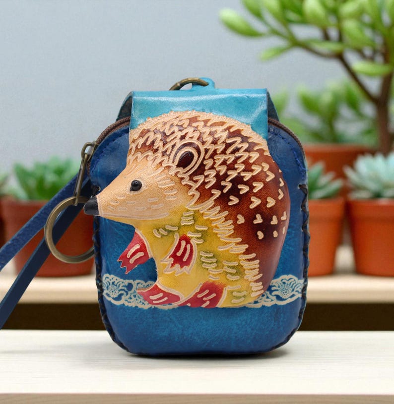Genuine Handmade Leather Hedgehog Coin Purse / Wristlet / Wallet