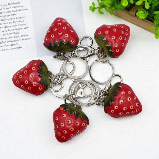 Genuine Handmade Leather strawberry Keychain /Key Ring / Small Pendant / Car Key Pendant, Festival Gift, fruit Keychain