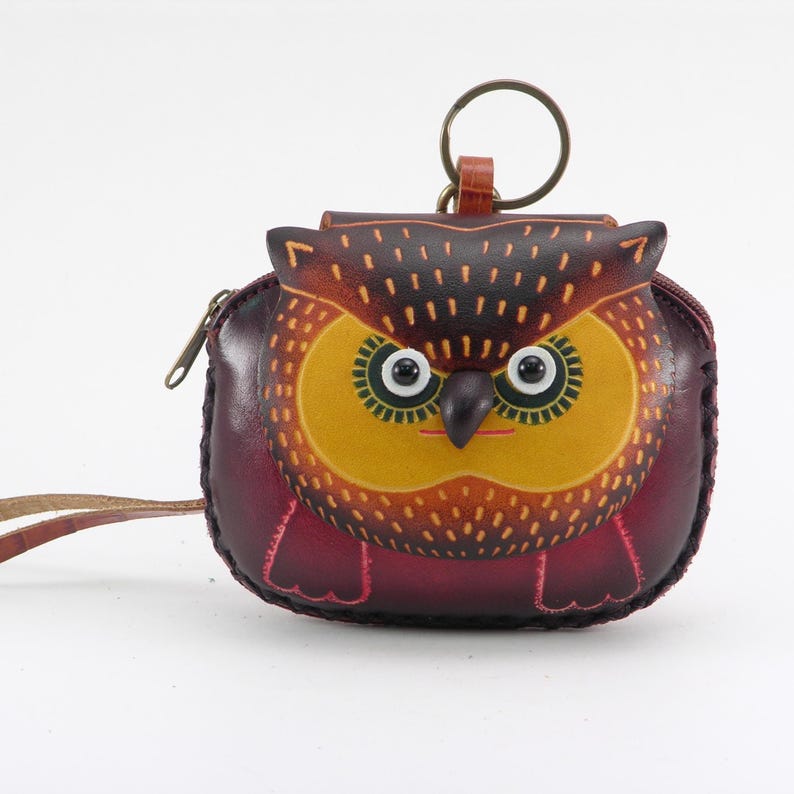 Hand Tooled Leather Owl Wristlet: Green & Yellow Coin Purse