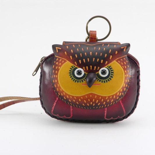 Hand Tooled Leather Owl Wristlet: Green & Yellow Coin Purse