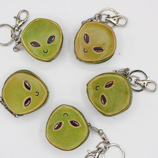 Green Genuine Handmade Leather Alien Keychain / Key Ring / Small Pendant / Car Key Pendant, Festival Gift, alien tiny purse