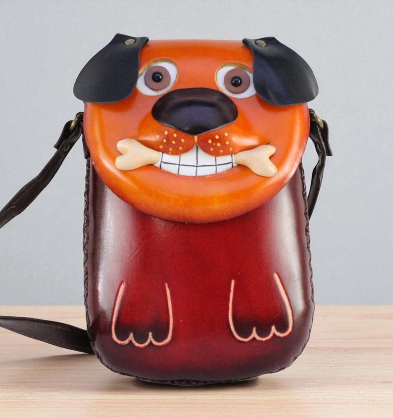 Handmade Genuine Leather dog Purse - Crossbody Bag, Phone Bag, Animal Bag, Cartoon Bag, Mini Bag
