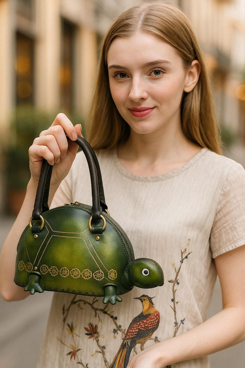 Genuine Handmade Leather Green Turtle Handbag tote bag