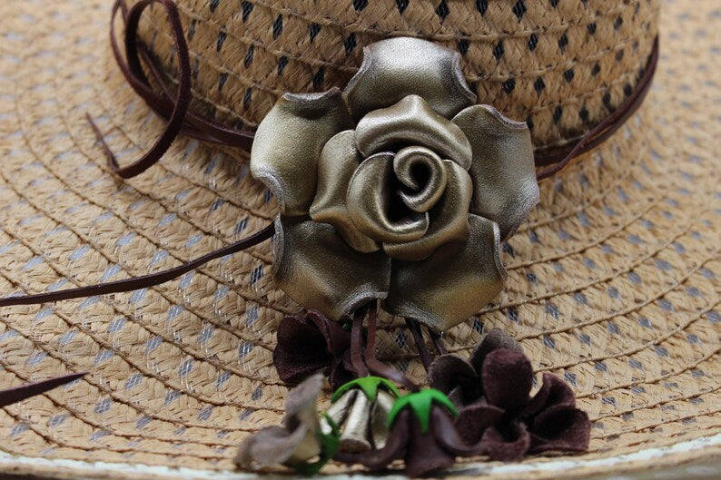 Leather flower fringe purse charm Genuine Handmade Leather Flower Hatband - gold Rose,silver Jewelry, Clothing Accessories