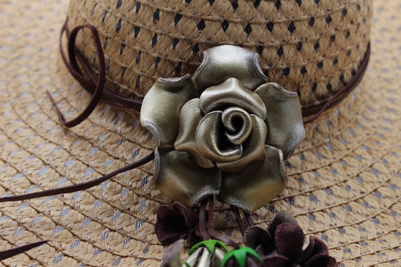 Leather flower fringe purse charm Genuine Handmade Leather Flower Hatband - gold Rose,silver Jewelry, Clothing Accessories