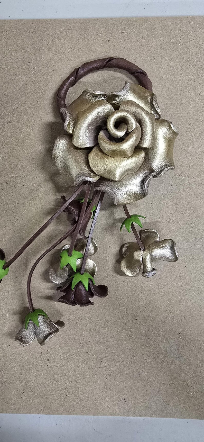 Handmade Leather Rose Keychain: Gold Purse Charm
