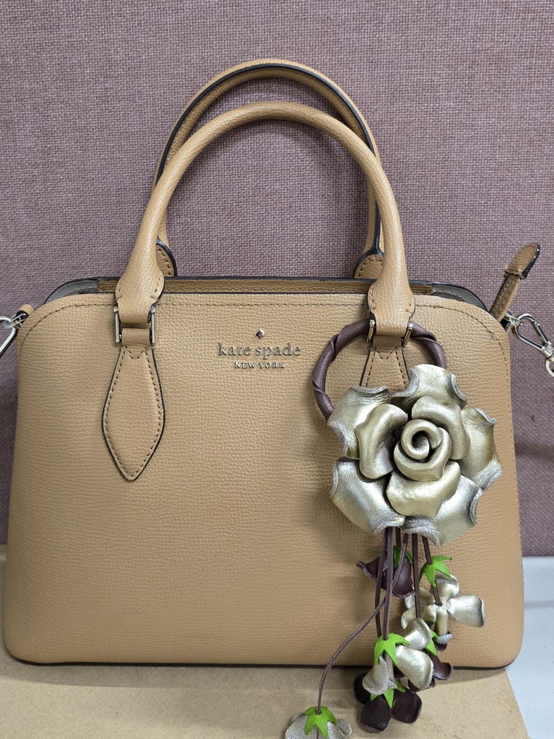 Handmade Leather Rose Keychain: Gold Purse Charm