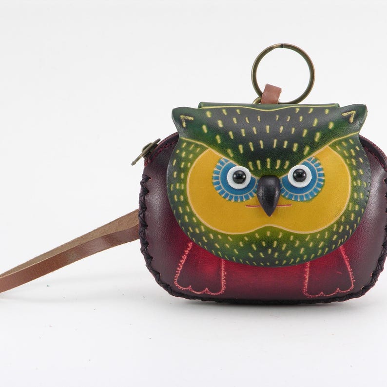 Hand Tooled Leather Owl Wristlet: Green & Yellow Coin Purse
