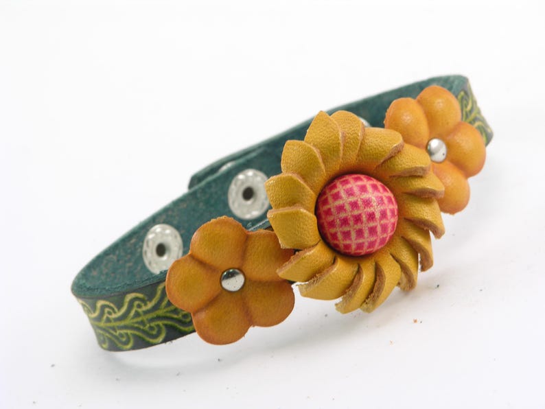 Genuine Handmade Leather Sunflower Bracelet - Festival Small Gift, Jewelry with personalize name drop