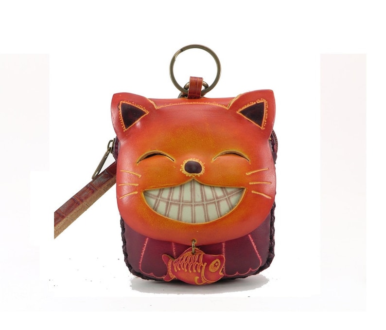 cat/wristlet/coin purse/leather/ key chain/wallet/lucky cat/ maneki-neko