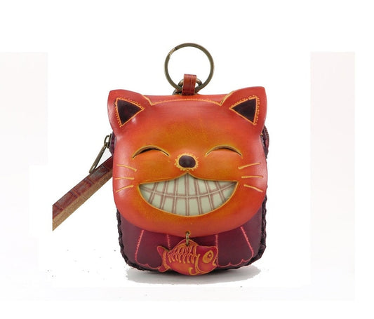 cat/wristlet/coin purse/leather/ key chain/wallet/lucky cat/ maneki-neko
